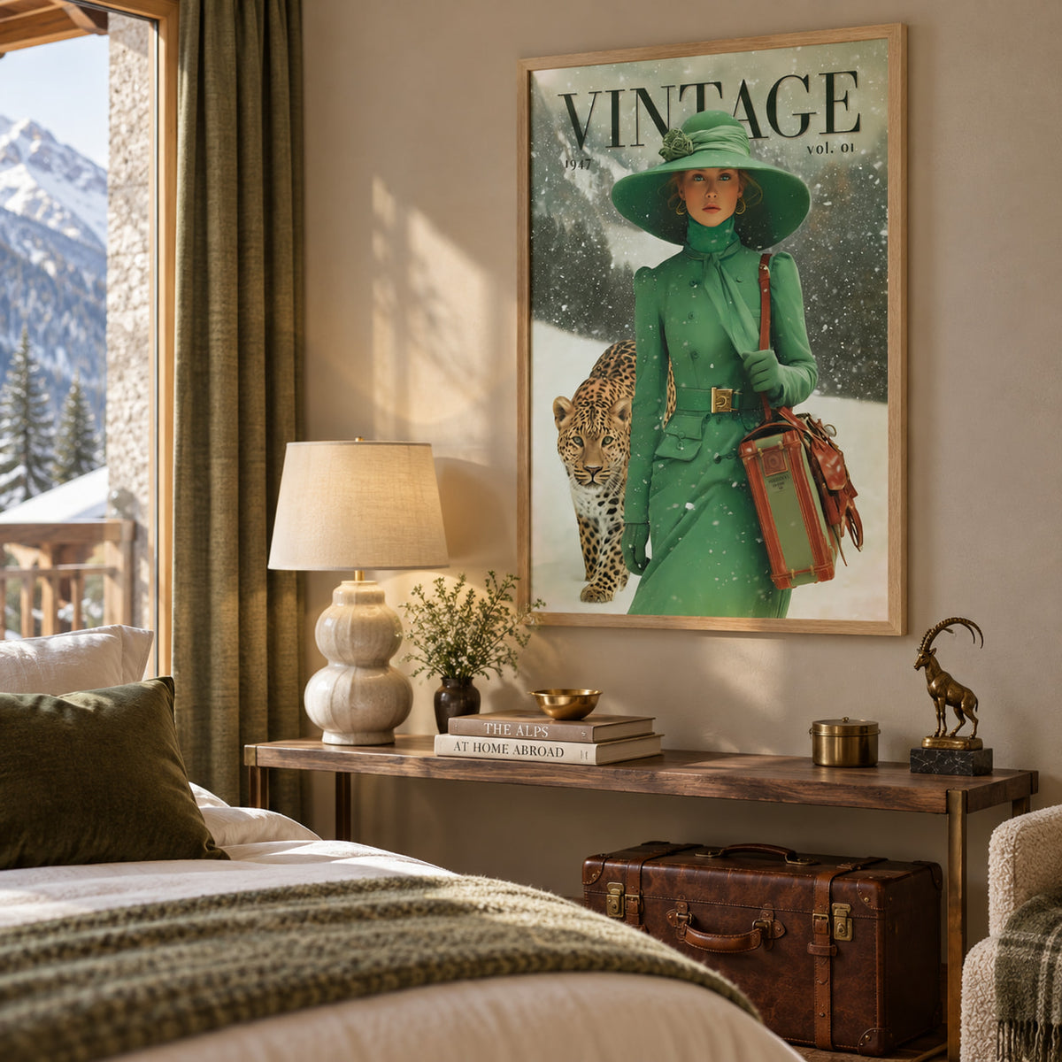 A framed vintage-style wall poster hangs above a console table in a styled bedroom. The poster depicts a woman in a bright green coat and wide-brimmed green hat standing in snow beside a leopard, with the word VINTAGE at the top.
