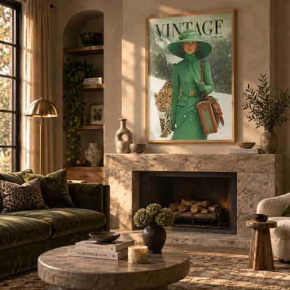 A large framed vintage-style wall art print hangs above a stone fireplace in a styled living room. The artwork shows a woman in a green hat and coat carrying a suitcase, with a leopard behind her and the word 'VINTAGE' at the top.