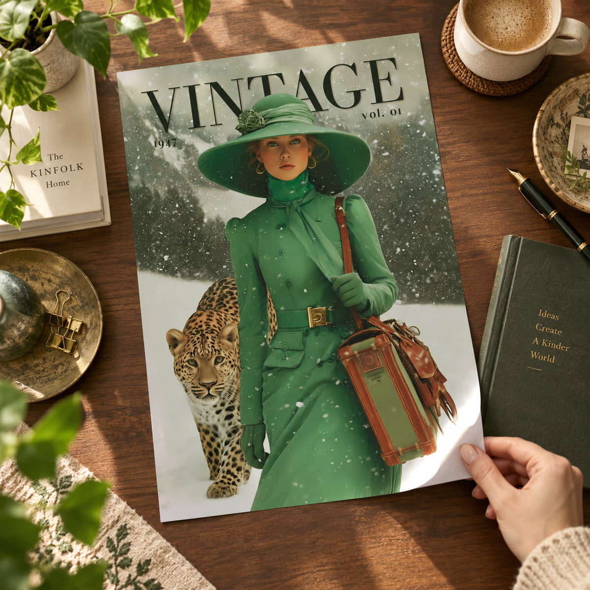 A vintage-style magazine cover titled "VINTAGE" is laid on a wooden desk, showing a woman in a green outfit with a leopard under falling snow. A hand holds the lower right corner of the magazine.