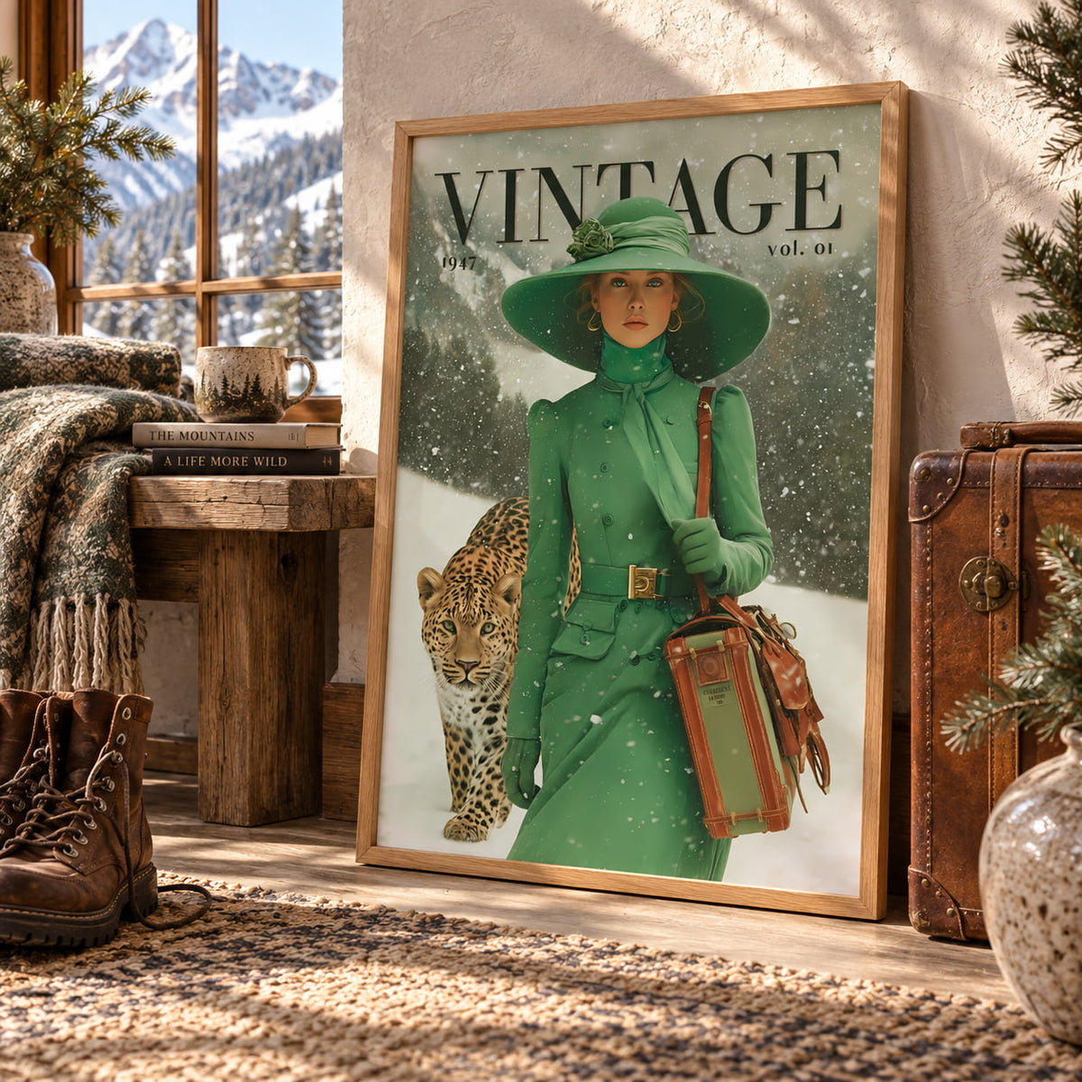 A framed vintage-style poster leaning against a wall in a rustic room. The poster shows a woman in a green outfit and wide-brimmed hat standing in the snow with a leopard, and the word 'VINTAGE' at the top.