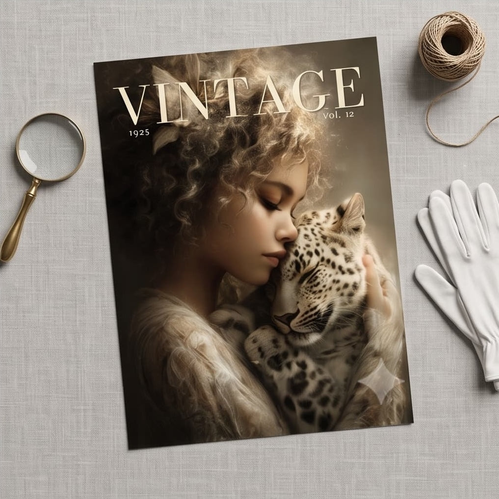 A vintage-style art print or poster titled 'VINTAGE 1925 vol. 12' lies on a light gray textured surface, surrounded by styled props including a magnifying glass, white gloves, twine, and a leopard and woman portrait.