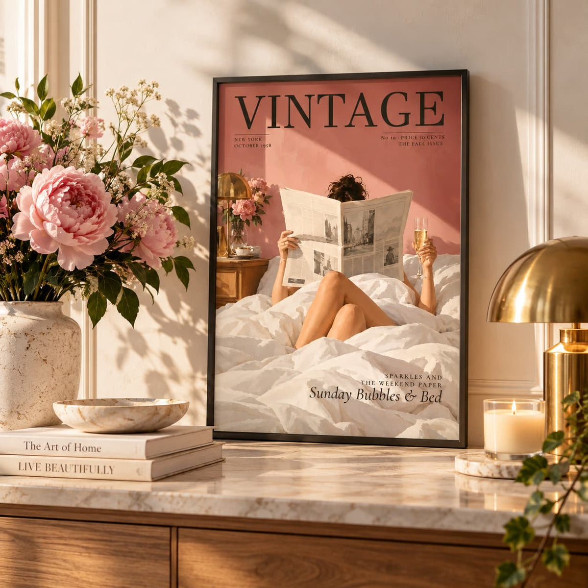 A framed vintage-style magazine cover print leaning on a marble console table in a styled room. The poster shows a woman reclining in white bedding and reading a newspaper, with the word VINTAGE prominently printed at the top.