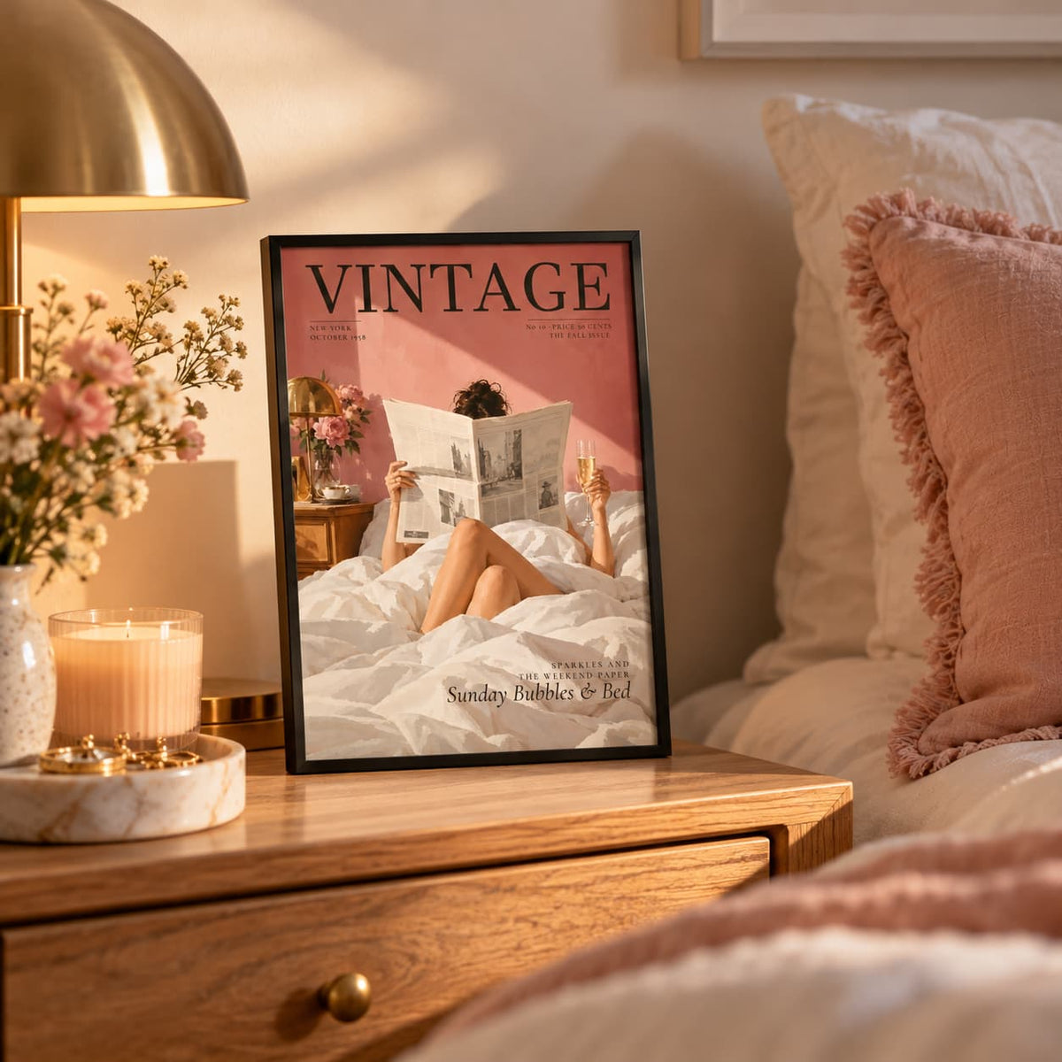 A framed art print styled on a wooden nightstand in a cozy bedroom setting. The print features a vintage magazine cover design with the title 'VINTAGE' and an illustration of a person reading in bed against a dusty pink background.