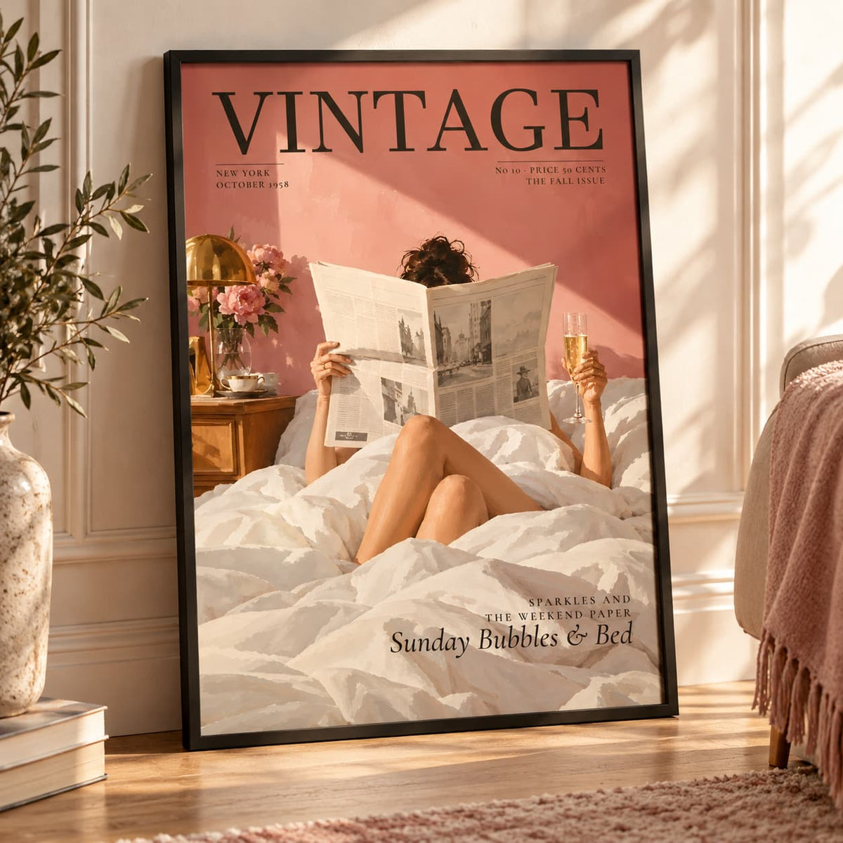 A framed vintage-style wall poster leaning against a wall in a sunlit bedroom. The poster shows a woman reclining in bed reading a newspaper and holding a glass, with a pink background and the word VINTAGE across the top.