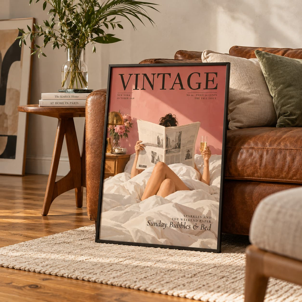 A framed vintage-style poster leaning against a brown leather sofa in a living room. The poster features the word VINTAGE at the top and shows a woman lying in bed reading a newspaper with a glass of champagne.