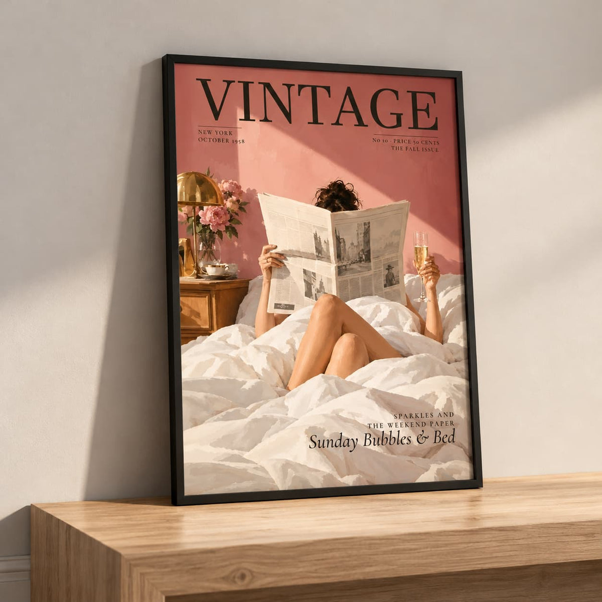 A framed vintage-style wall art print leaning against a light wall on a wooden surface. The artwork shows a woman in bed reading a newspaper and holding a glass, with a pink background and large 'VINTAGE' text at the top.