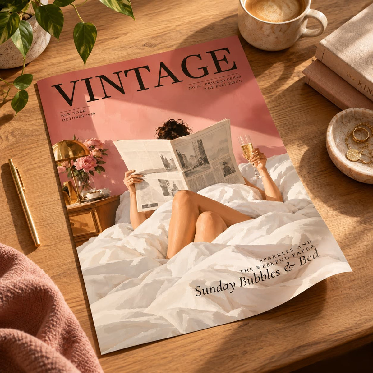 A vintage-style magazine titled VINTAGE lies on a wooden table, showing a woman reading a newspaper in bed with pink and white tones. The scene is styled with a coffee cup, books, a plant, and a pen, creating a warm, cozy atmosphere.