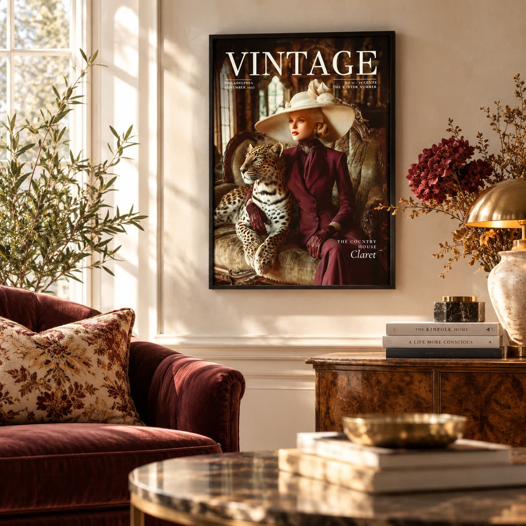 A framed vintage magazine cover featuring a woman in a wide-brim hat and a leopard sits on a console table in a styled living room. The room includes a burgundy velvet sofa with floral pillows, a marble coffee table, a brass lamp, and a window with warm sunlight.