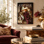 A framed vintage magazine cover featuring a woman in a wide-brim hat and a leopard sits on a console table in a styled living room. The room includes a burgundy velvet sofa with floral pillows, a marble coffee table, a brass lamp, and a window with warm sunlight.