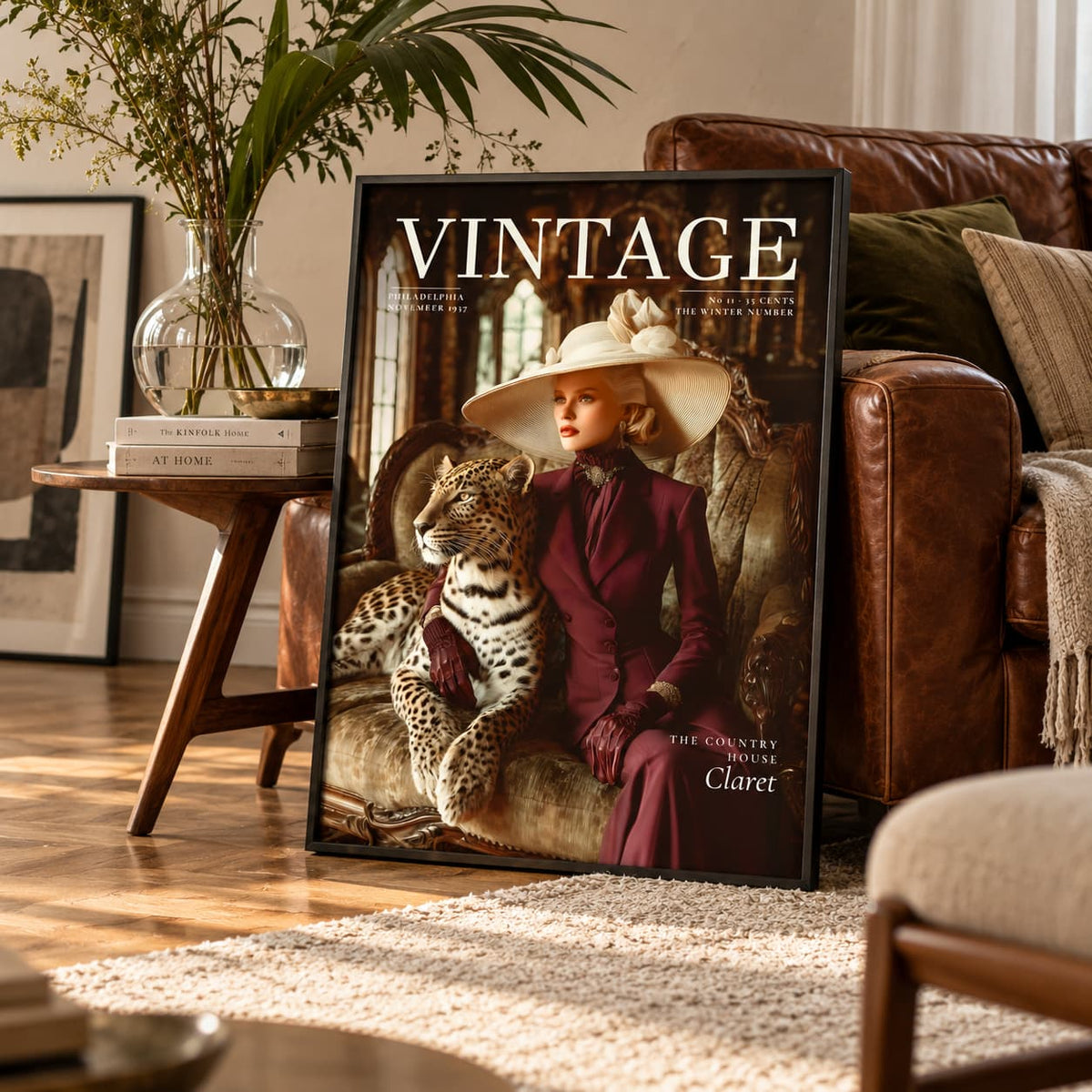 A framed vintage-style poster leaning against a brown leather sofa in a living room. The poster features the word 'VINTAGE' at the top and an illustration of a woman in a wide-brimmed hat and dark red coat sitting beside a spotted leopard.