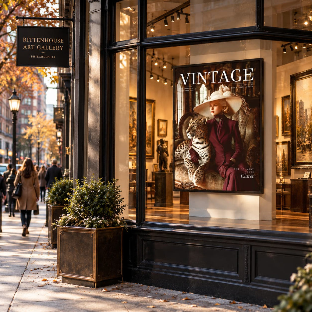 A storefront window display in an urban street scene featuring a large framed art print/poster with the word 'VINTAGE' and a woman in a wide-brim hat beside a leopard. Pedestrians walk along the sidewalk, and a sign for Rittenhouse Art Gallery is visible on the left.