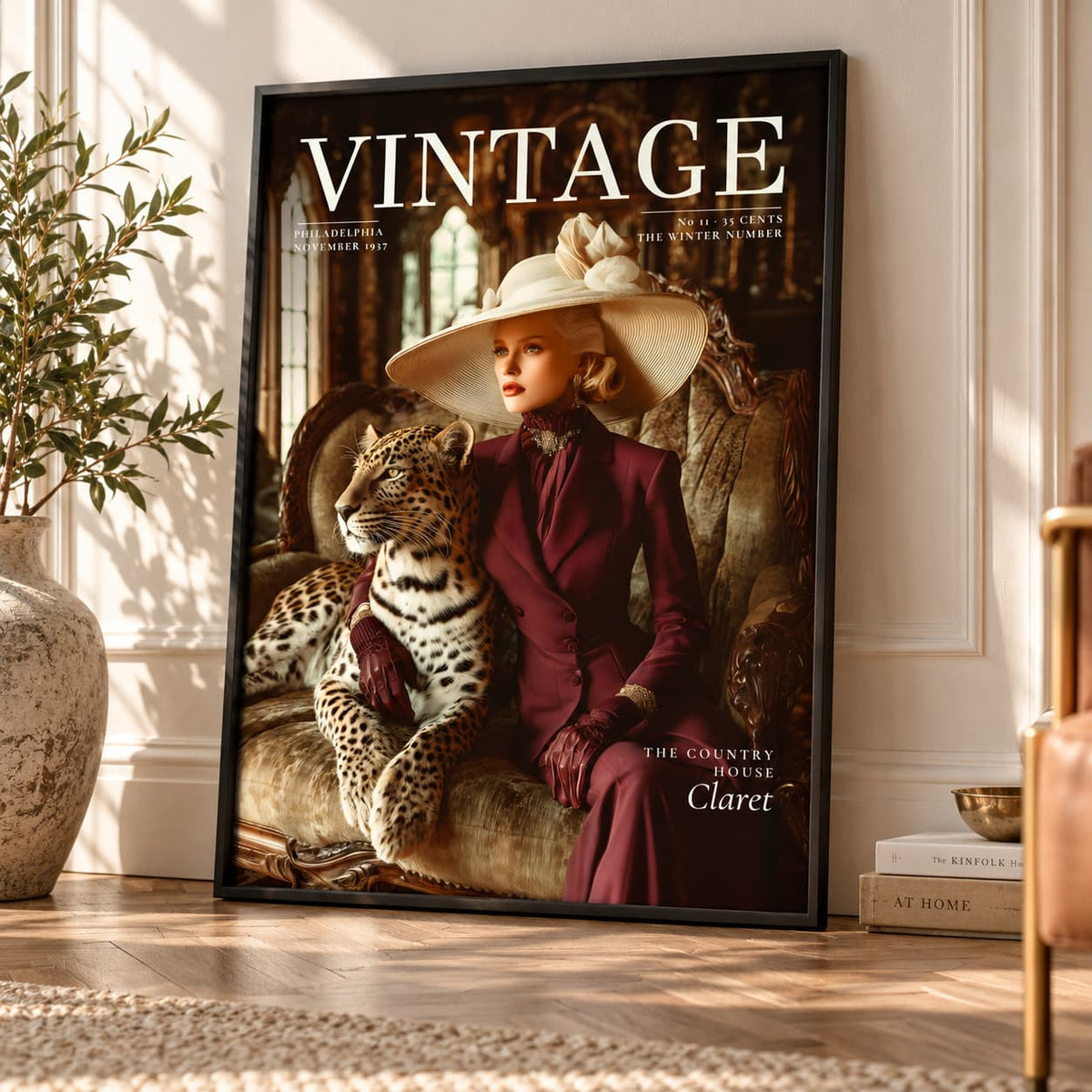 A framed vintage-style magazine cover leaning against a white paneled wall in a sunlit room. The cover features a woman in a wide-brimmed hat and dark red dress seated with a leopard, with the large title 'VINTAGE' across the top.