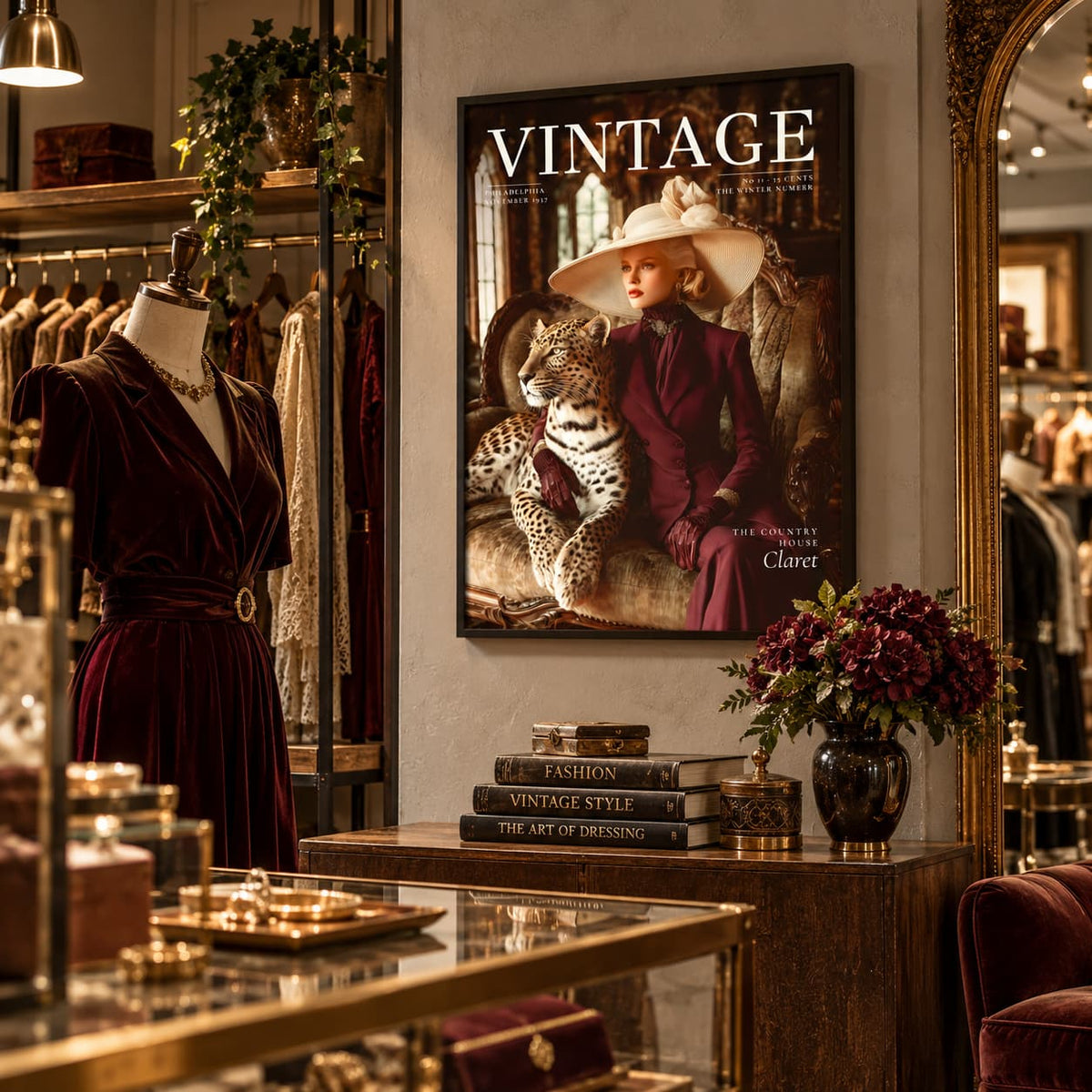 A framed vintage-style fashion poster reading 'VINTAGE' hangs on a wall in a boutique interior. The poster shows a woman in a wide-brimmed hat and dark coat seated with a leopard, while the room around it includes clothing racks, a mannequin in a burgundy dress, a flower arrangement, and display tables.