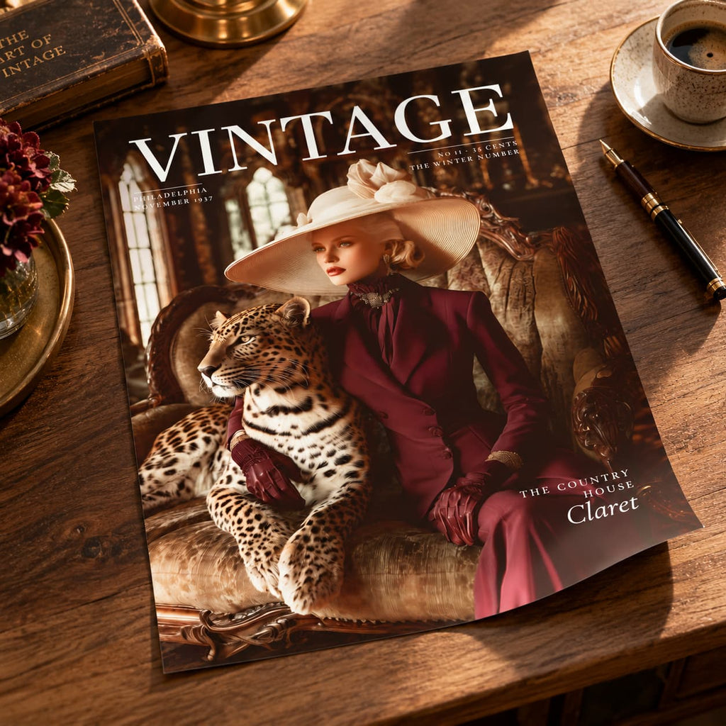 A vintage-style magazine or book cover titled VINTAGE lies on a wooden table, featuring a woman in a wide-brimmed hat and burgundy dress seated with a leopard. The scene is styled with a coffee cup, pen, books, and flowers around it.