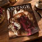 A vintage-style magazine or book cover titled VINTAGE lies on a wooden table, featuring a woman in a wide-brimmed hat and burgundy dress seated with a leopard. The scene is styled with a coffee cup, pen, books, and flowers around it.