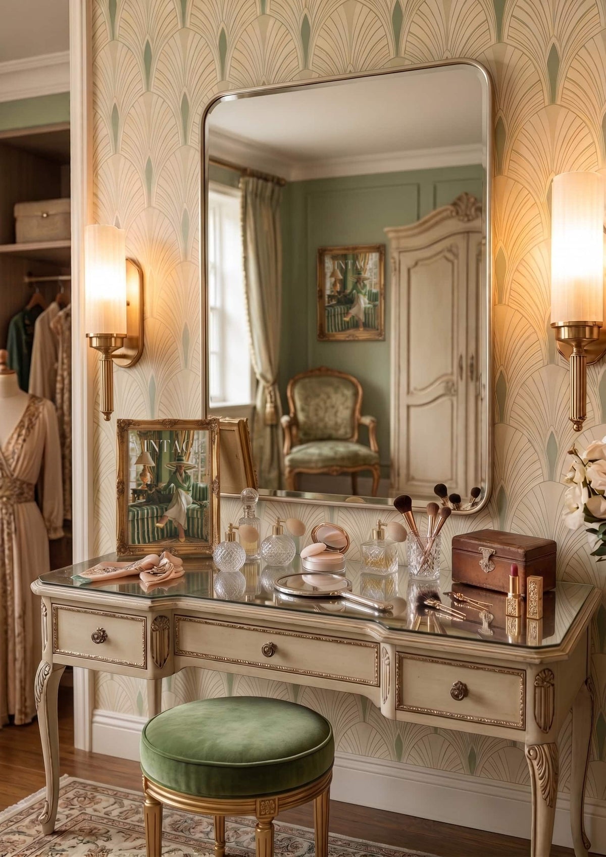 An ornate vintage-style vanity table with a large mirror, flanked by two lit wall sconces in a decorated room. The vanity is cream with gold trim and a green velvet stool in front.