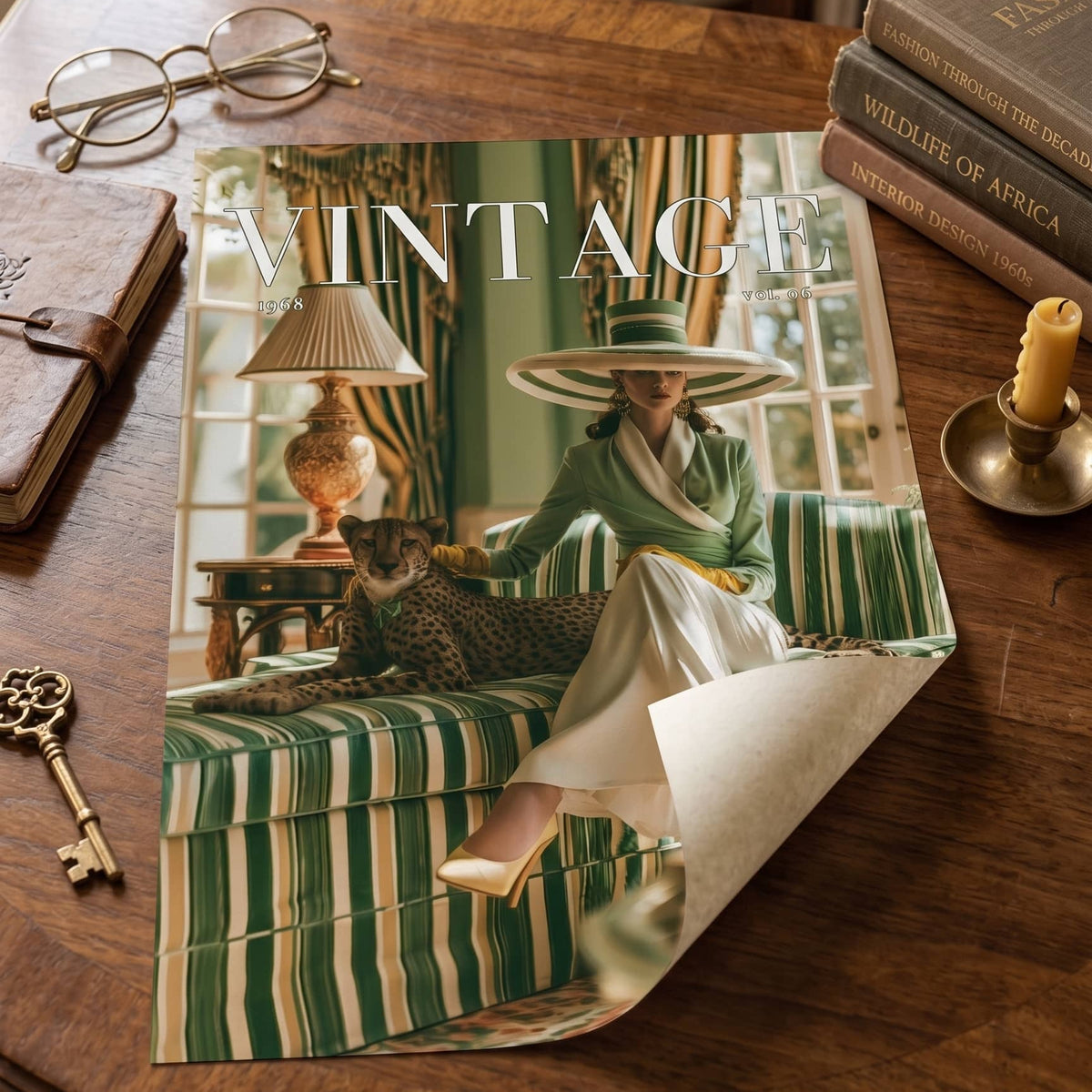 A vintage-style art print or poster featuring a woman in a green striped dress and hat sitting on a matching striped sofa, styled on a wooden table with glasses, a notebook, books, and a candle.