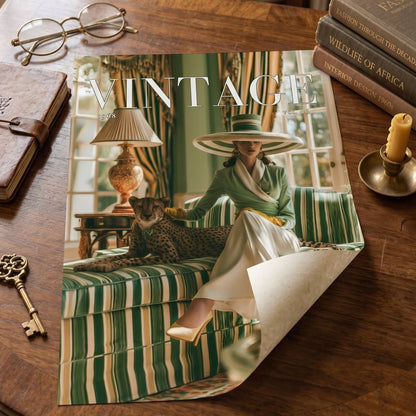 A vintage-style art print or poster featuring a woman in a green striped dress and hat sitting on a matching striped sofa, styled on a wooden table with glasses, a notebook, books, and a candle.