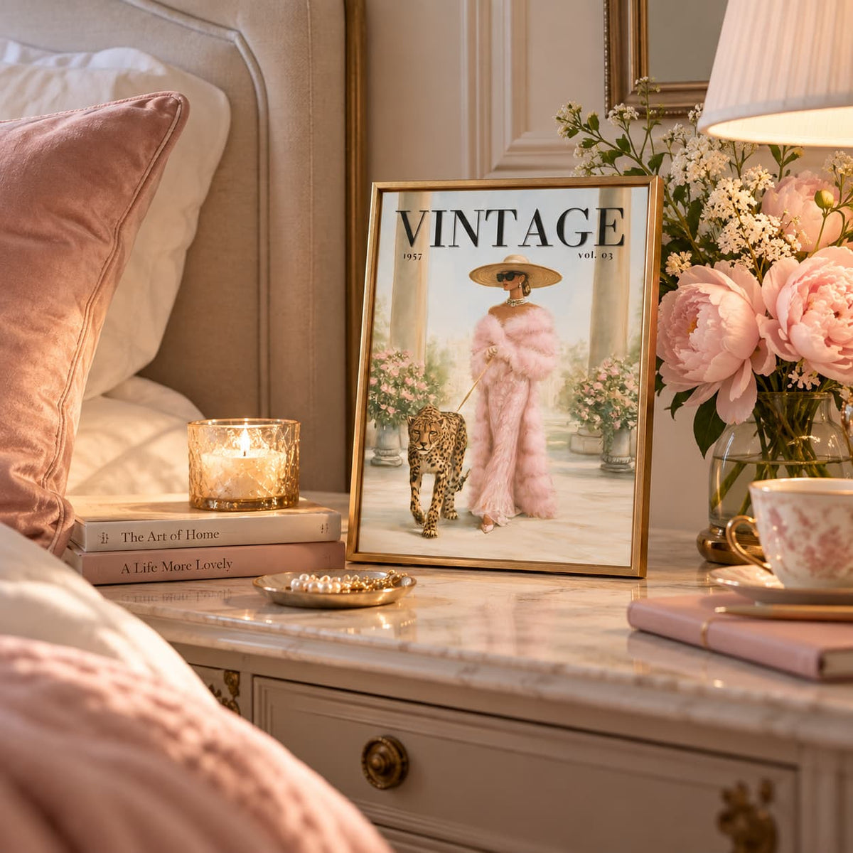 A framed vintage magazine cover featuring a woman in a pink fur coat and a leopard print outfit, styled on a bedside table in a cozy bedroom setting with pink bedding, flowers, and candles.