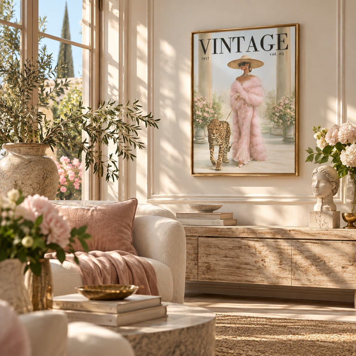 A framed vintage-style wall art print hangs on a cream wall in a sunlit living room. The artwork shows a woman in a pink coat walking with a leopard, with the word VINTAGE at the top.