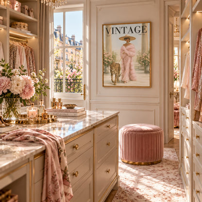 A luxury dressing room interior with cream walls, gold trim, marble countertops, pink velvet furniture, and a framed vintage-style 'VINTAGE' poster on the wall. No person or animal is present, and the scene is styled as an interior product/lifestyle environment rather than a clean isolated product shot.