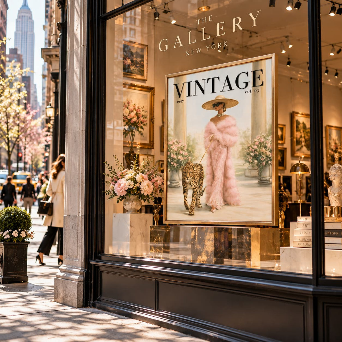 A large framed vintage-style art print reading 'VINTAGE' hangs in the window display of 'The Gallery New York' storefront. The print shows a woman in a voluminous pink fur coat standing beside a leopard, with flowers and framed artwork visible inside the shop.