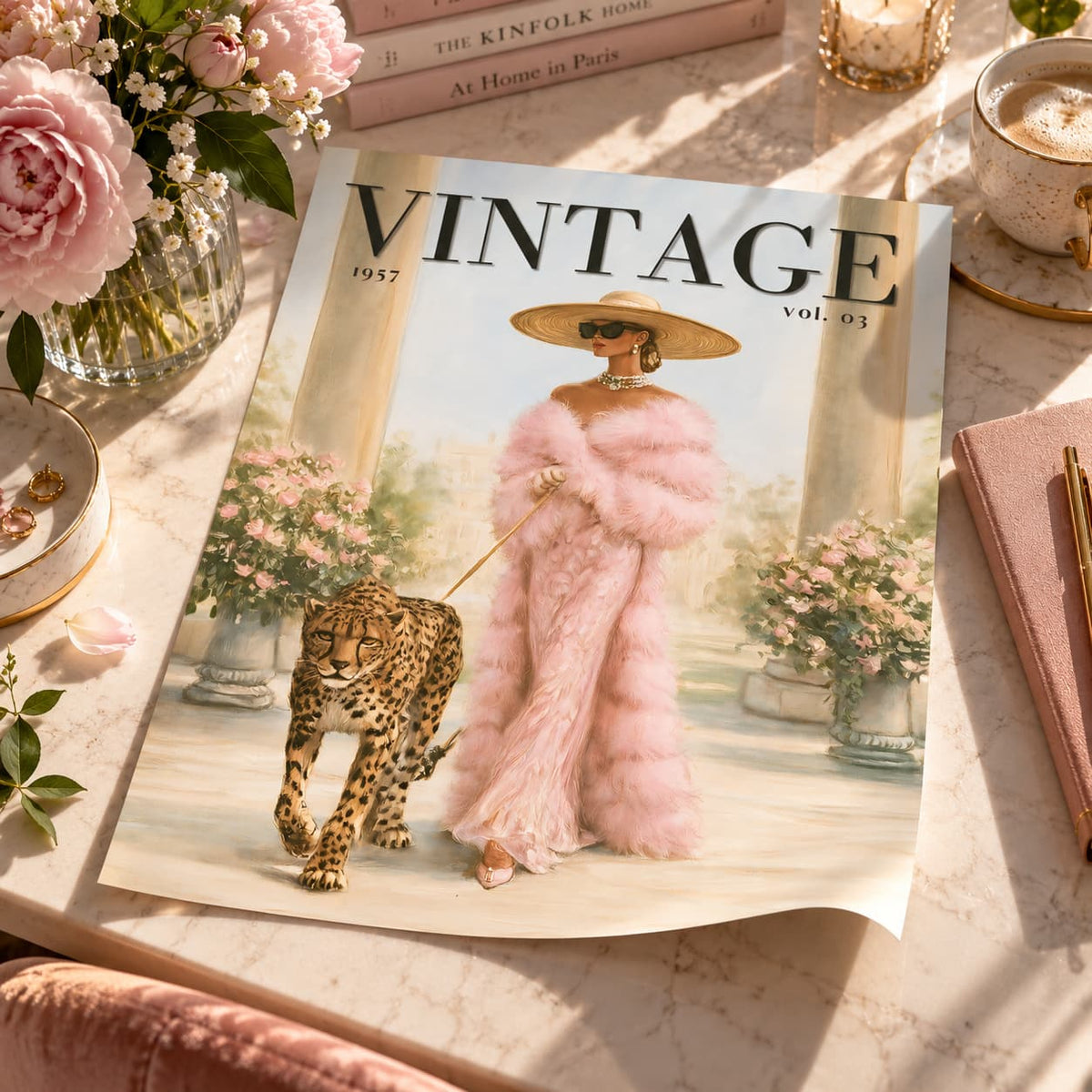 A vintage-style illustrated print or poster featuring a woman in a pink fur outfit walking a leopard, styled on a marble surface with pink flowers, books, a cup of coffee, and a notebook.