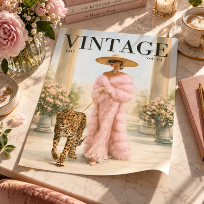 A vintage-style illustrated print or poster featuring a woman in a pink fur outfit walking a leopard, styled on a marble surface with pink flowers, books, a cup of coffee, and a notebook.