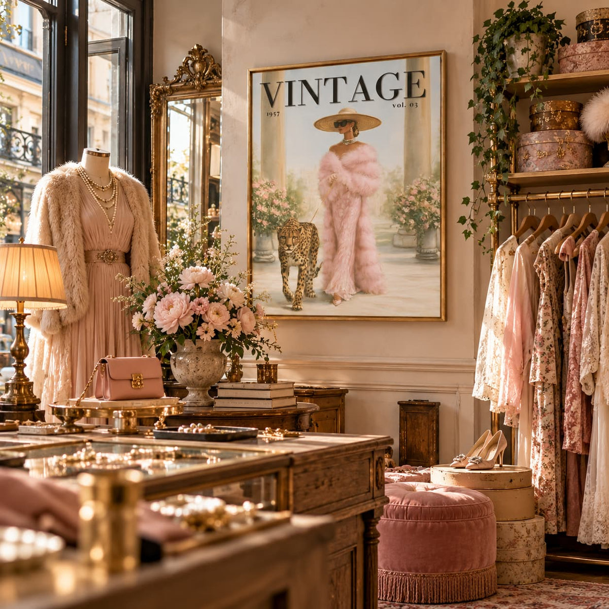 A styled boutique interior with a large framed vintage magazine cover featuring a woman in a pink coat hanging on the wall. Mannequins and racks display blush pink clothing, with floral arrangements, gold jewelry tables, and warm ambient lighting throughout the room.