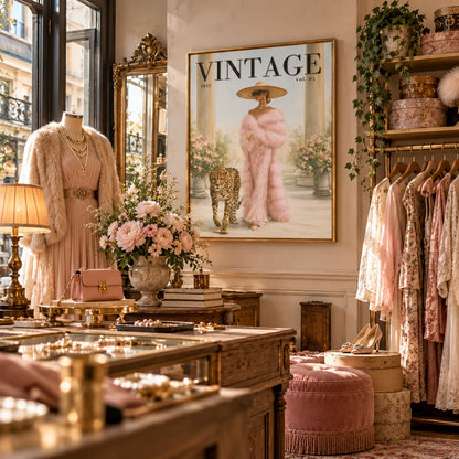 A styled boutique interior with a large framed vintage magazine cover featuring a woman in a pink coat hanging on the wall. Mannequins and racks display blush pink clothing, with floral arrangements, gold jewelry tables, and warm ambient lighting throughout the room.