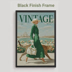 A framed vintage-style magazine cover art piece on a light gray background, with the text 'Black Finish Frame' above it. The artwork shows a woman in a green dress walking with a leopard, under a large 'VINTAGE' title, and the frame itself is black.