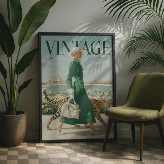 A framed vintage-style poster leaning against a wall in a styled interior, showing a woman in a green dress walking with a leopard and the large word 'VINTAGE' at the top. A green chair sits to the right, and large potted plants frame the scene.