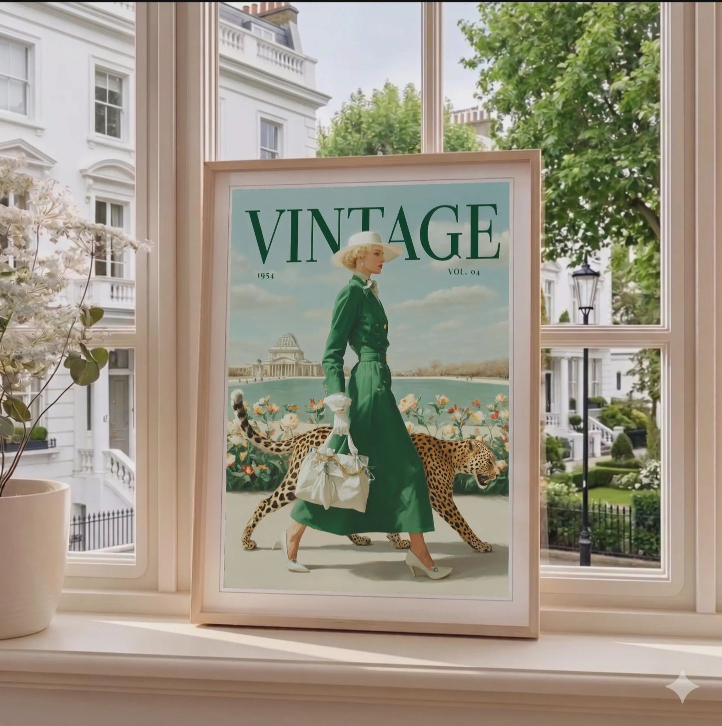 A framed vintage-style art print leaning on a windowsill, showing a woman in a green dress walking with a cheetah, with the word 'VINTAGE' across the top. The print is surrounded by a real window scene with daylight, plants, and buildings.