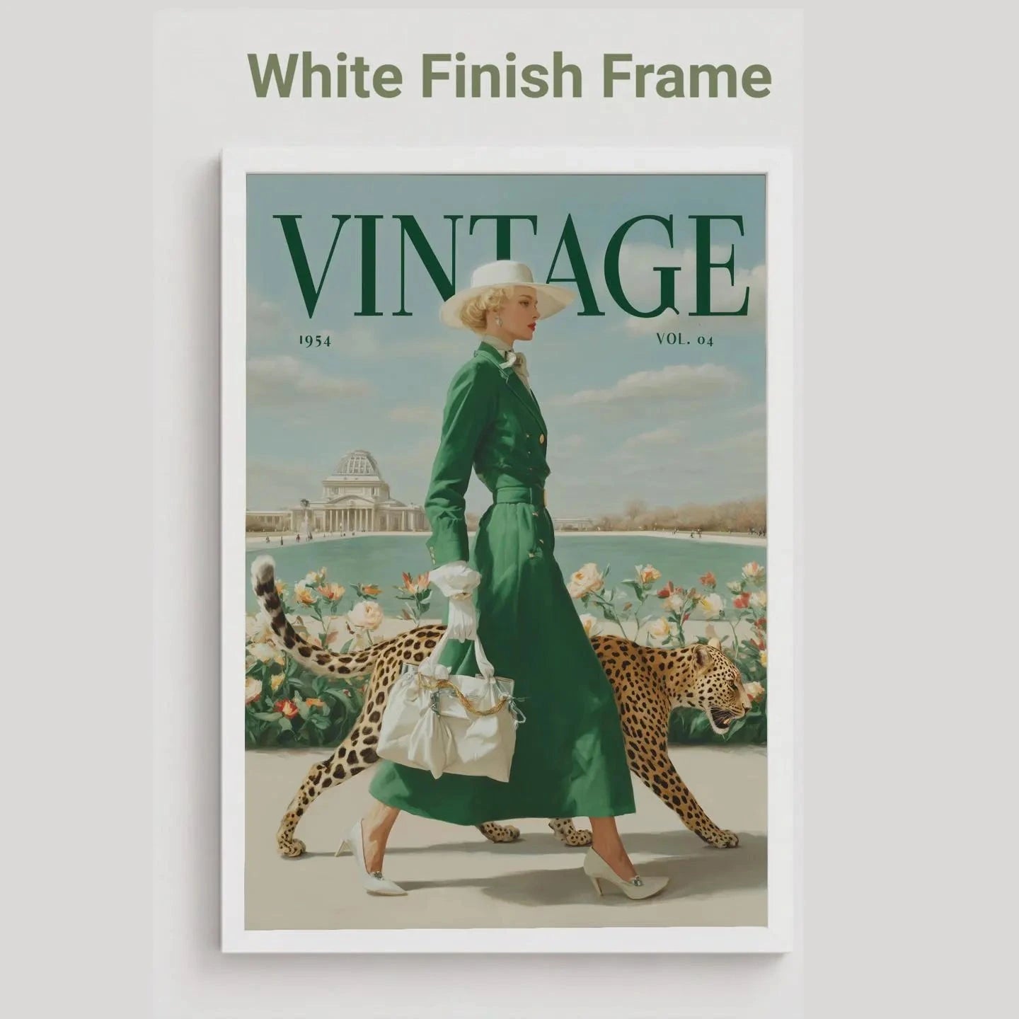 A vintage-style framed poster featuring a woman in a green dress walking with two cheetahs, with the word VINTAGE prominently printed at the top. The frame is white, and the image is shown against a light gray background with the text 'White Finish Frame' above it.