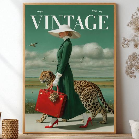 A framed vintage-style poster leaning against a wall on a shelf, surrounded by decorative dried flowers and small vases. The poster shows a woman in a long green dress and white hat walking beside a leopard while carrying a red suitcase, with the word VINTAGE at the top.