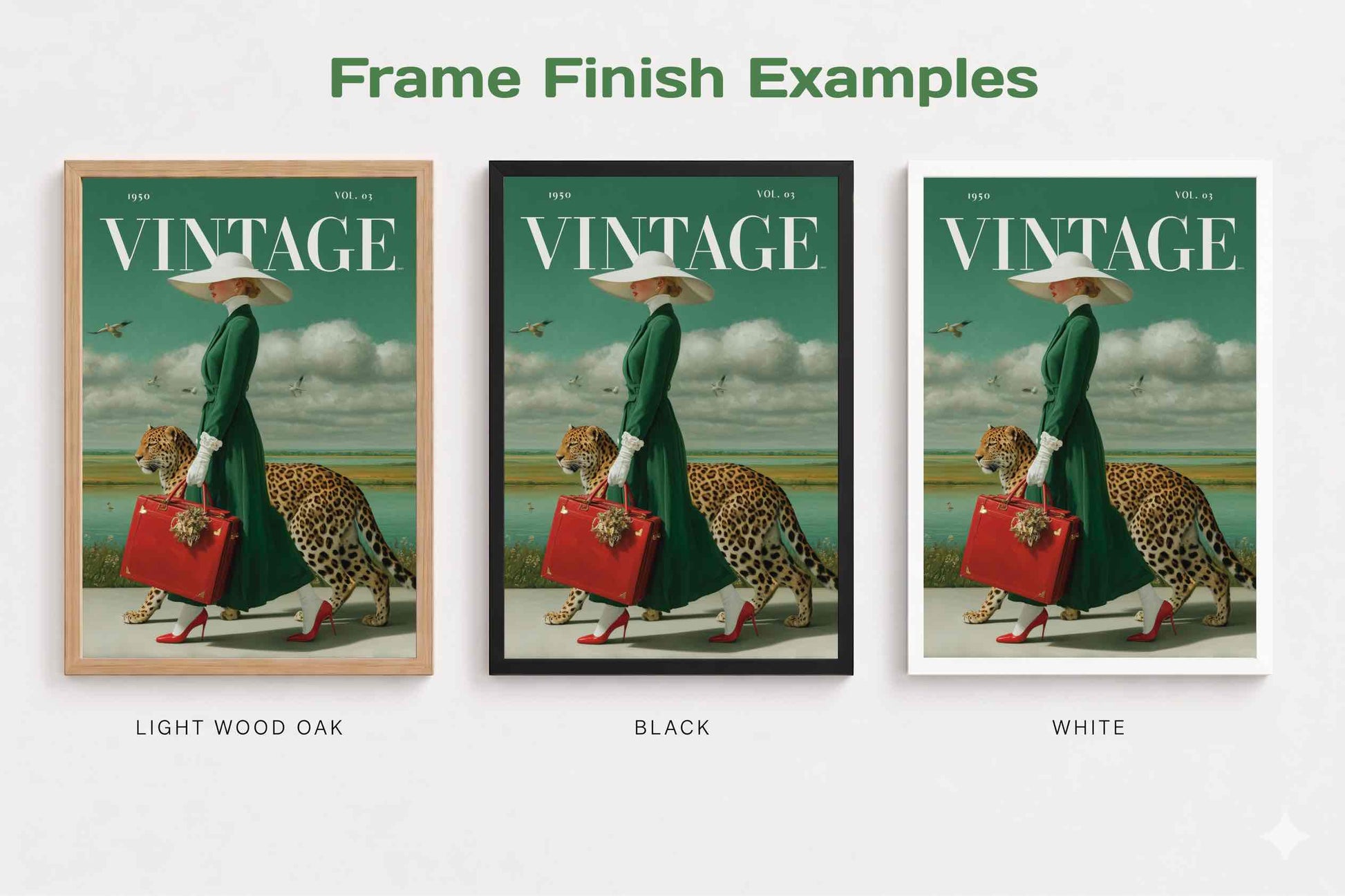 Three framed art print mockups labeled Light Wood Oak, Black, and White, each showing a vintage-style magazine cover with the word VINTAGE and an illustrated woman walking with a cheetah.