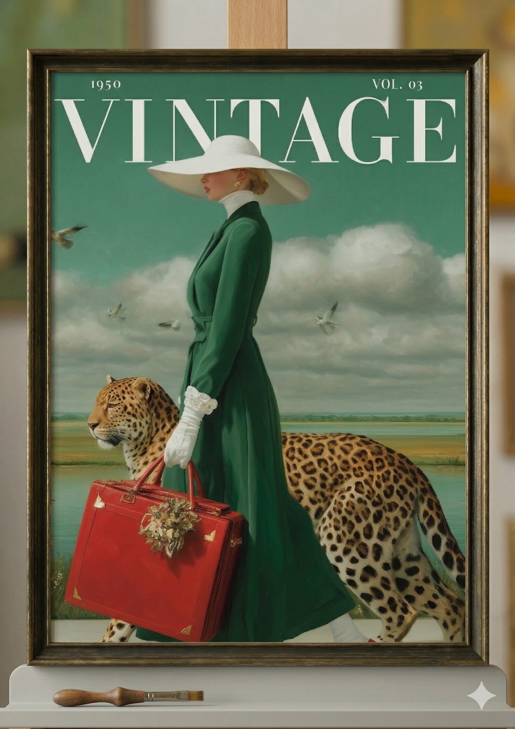 A framed vintage-style art print featuring a woman in a long green dress and white hat walking beside a leopard, carrying a red suitcase, with the word VINTAGE across the top. The framed print is displayed against a light wall.