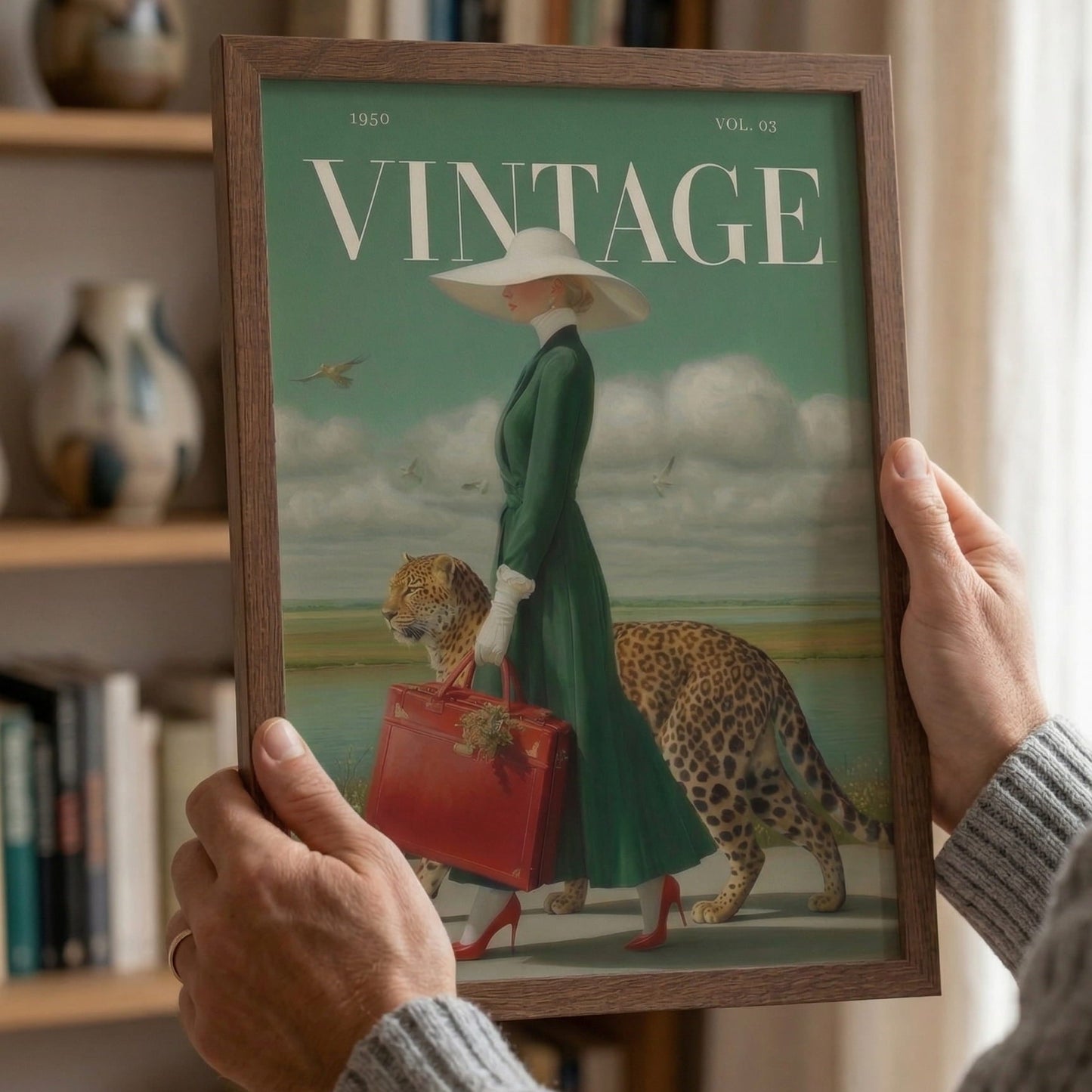 A person holds a framed art print featuring a vintage-style illustration with the word 'VINTAGE' at the top. The artwork shows a woman in a green dress and white hat carrying a red suitcase, accompanied by a leopard, against a teal sky and pale ground.
