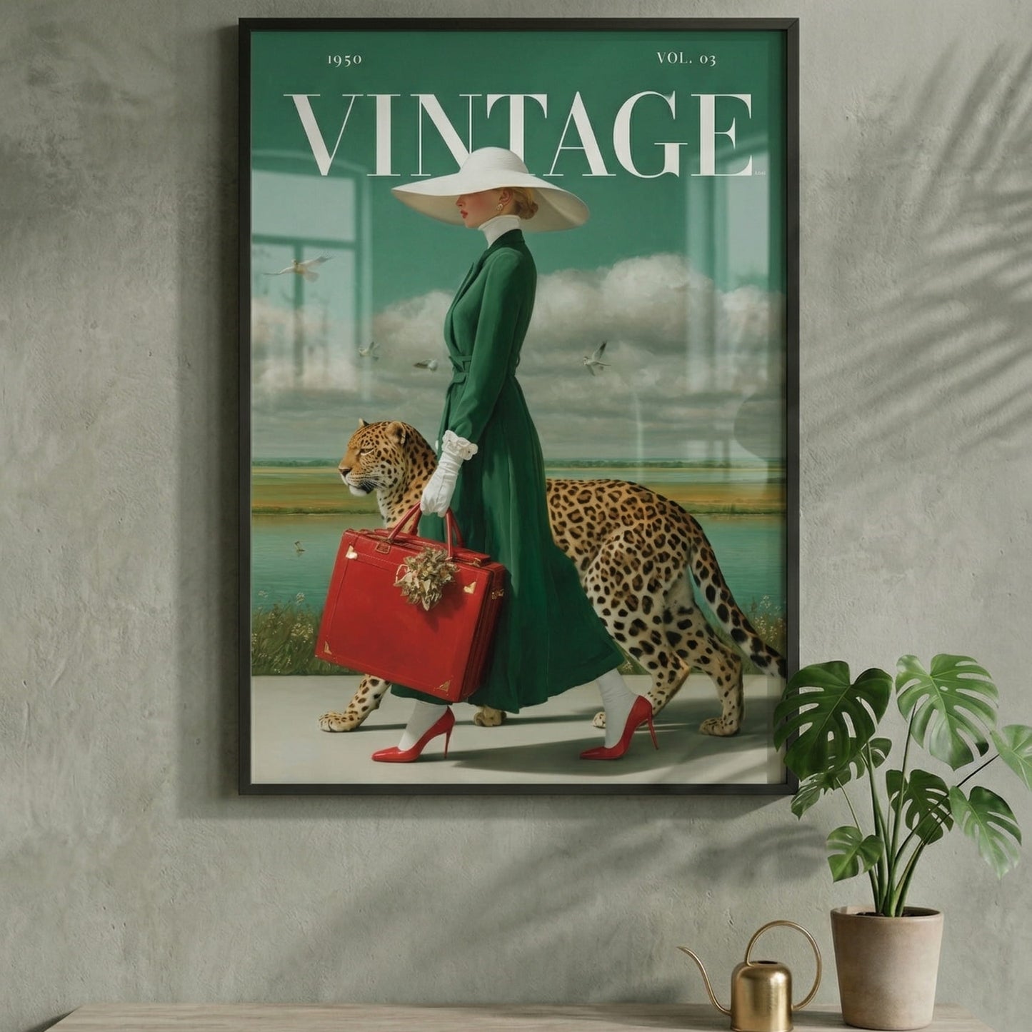 A framed vintage-style poster hanging on a textured gray wall above a light wood console table. The poster shows a woman in a green dress and white hat carrying a red suitcase while walking beside a leopard.
