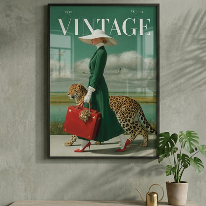 A framed vintage-style poster hanging on a textured gray wall above a light wood console table. The poster shows a woman in a green dress and white hat carrying a red suitcase while walking beside a leopard.