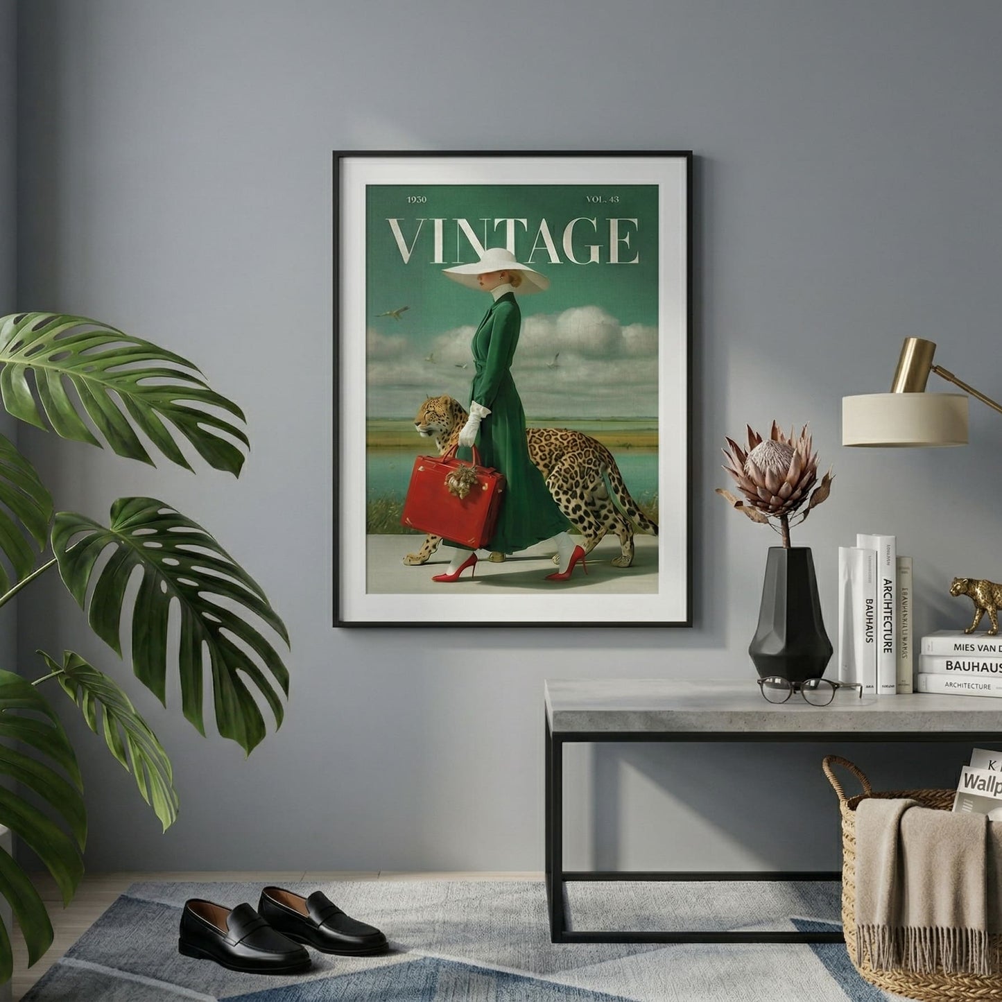 A framed vintage-style wall art print hangs on a gray wall above a console table in a styled room. The artwork shows a woman in a green dress and hat carrying a red suitcase, with the word VINTAGE at the top.