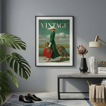 A framed vintage-style wall art print hangs on a gray wall above a console table in a styled room. The artwork shows a woman in a green dress and hat carrying a red suitcase, with the word VINTAGE at the top.