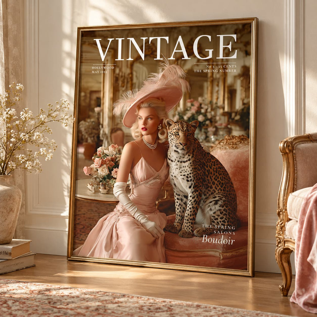 A framed vintage-style art print leaning against a wall in a sunlit room. The print shows a woman in a pale pink evening gown and feathered hat seated beside a spotted leopard, with the word 'VINTAGE' across the top and the text 'The Art of Boudoir' near the bottom.