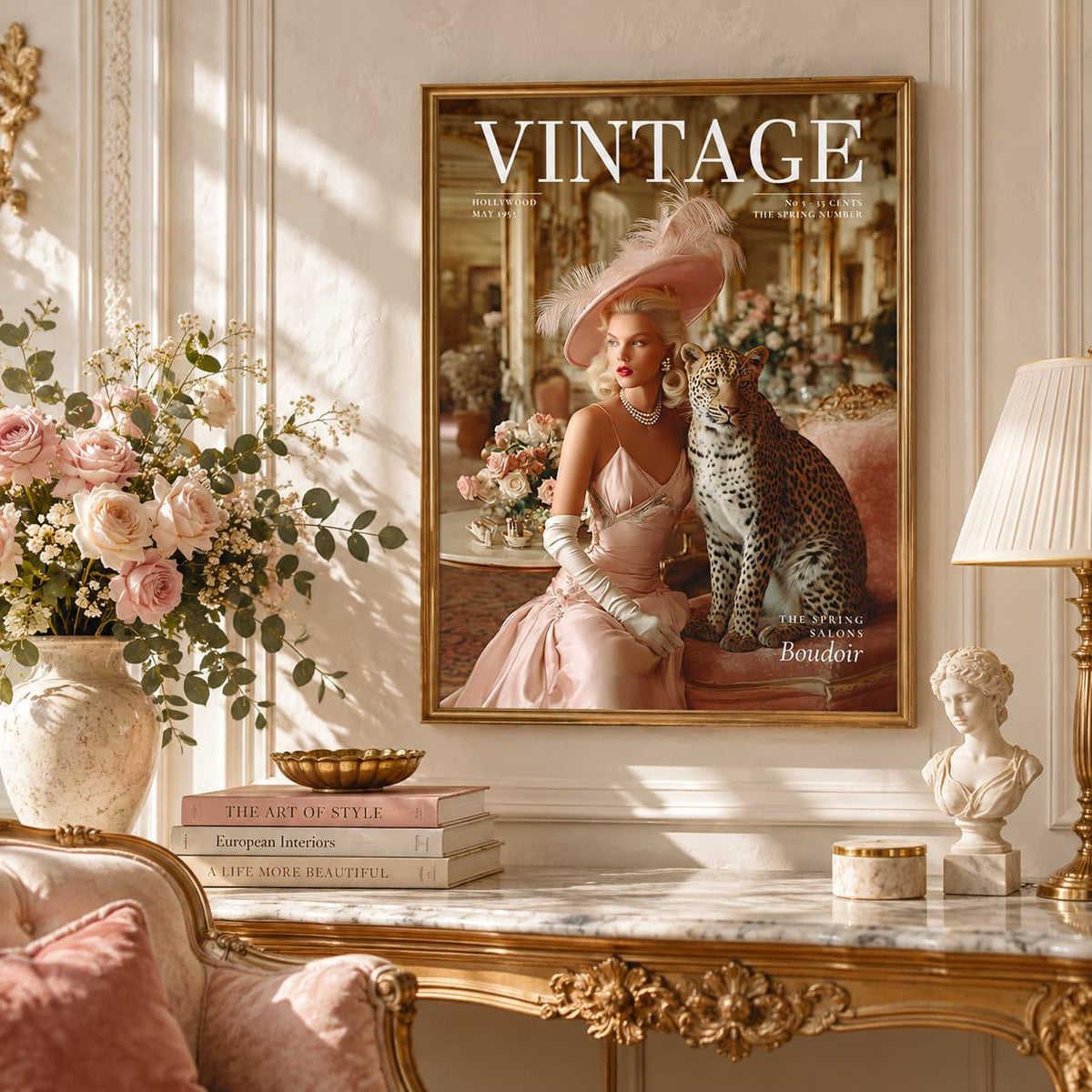 A framed vintage-style art print hangs on a cream wall above an ornate gold console table. The print depicts a woman in a pink dress and hat with a leopard, and the word 'VINTAGE' appears across the top.