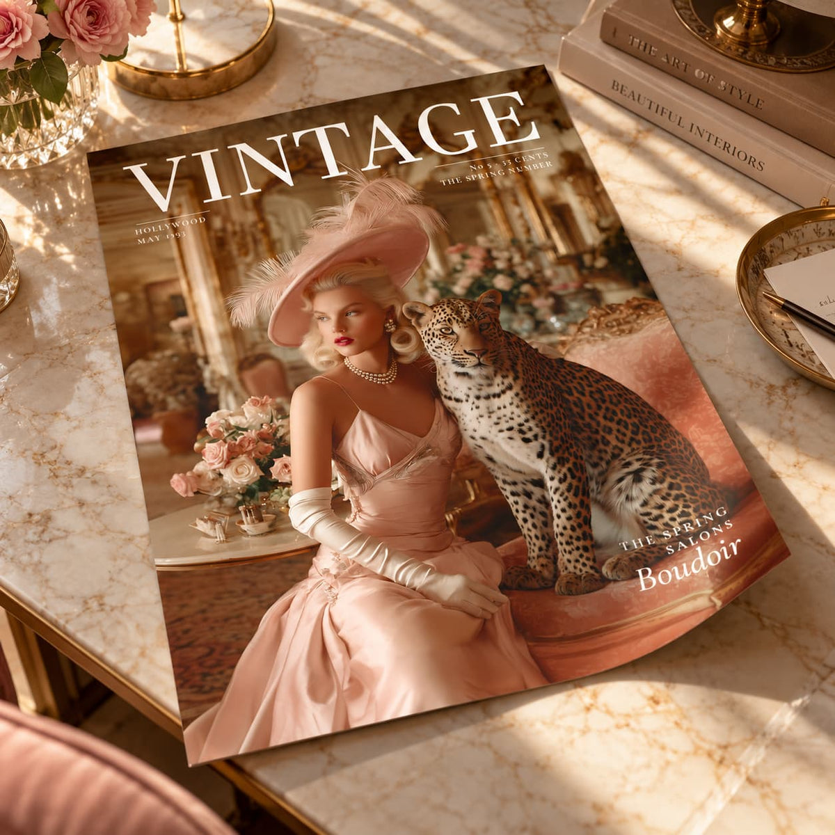A styled flat-lay of a vintage magazine titled VINTAGE, featuring a cover photo of a woman in a pink gown and hat with a leopard, placed on a marble surface with books and flowers around it.