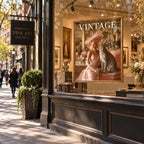 A storefront window display in a vintage-style gallery shop with a large framed poster reading 'VINTAGE' showing a woman in a pink dress and a leopard. The shop exterior has dark wood trim, potted greenery, and a sidewalk scene with pedestrians in the background.