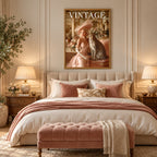 A vintage-style framed wall art print hangs above a neatly made bed in a warm, elegant bedroom. The artwork depicts a woman in a pink dress with a cat, with the word 'VINTAGE' across the top.