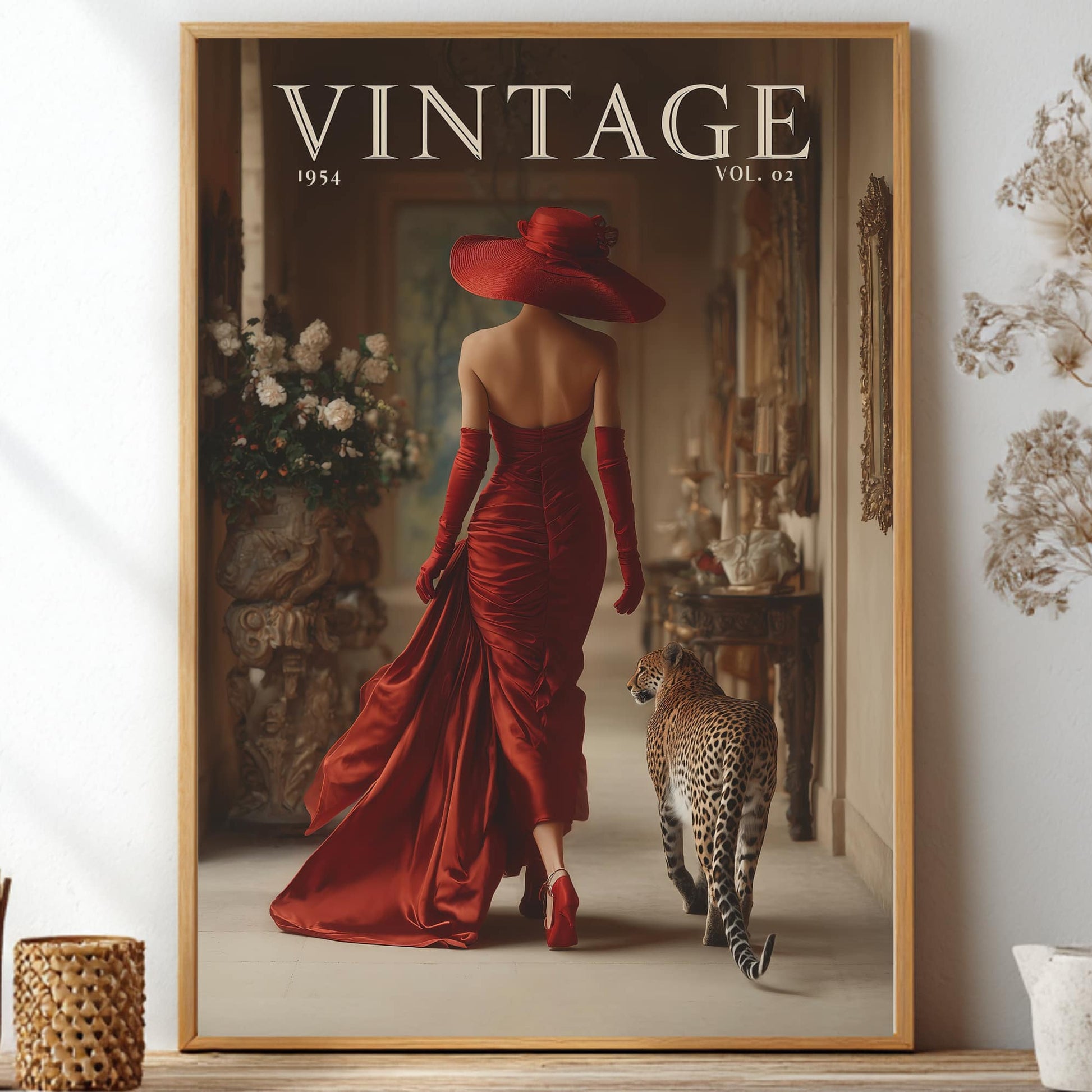 Vintage 1950s fashion magazine cover poster featuring the back view of a glamorous woman in an off-shoulder red satin gown and wide-brim hat walking down a grand hallway beside a cheetah.