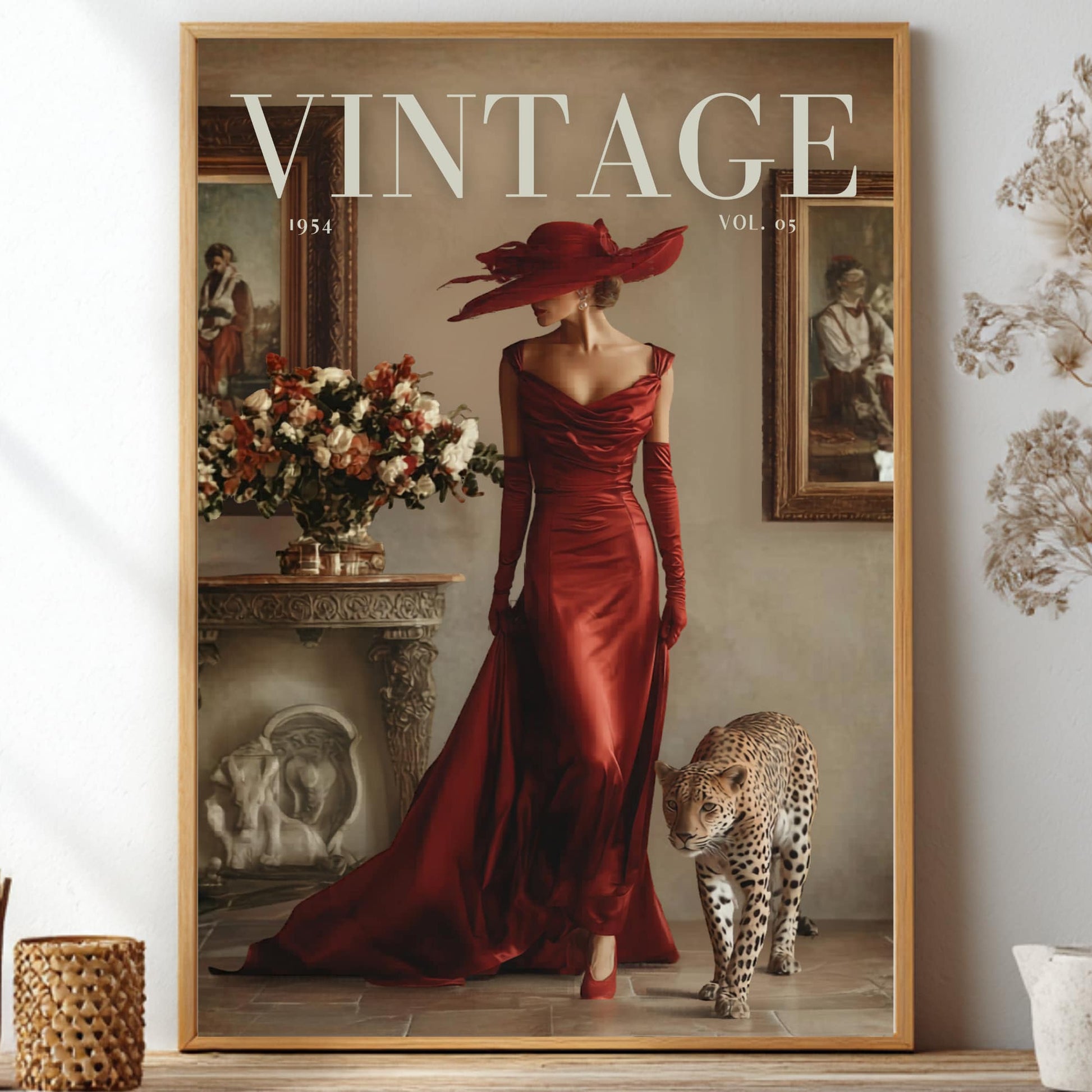 Vintage 1950s fashion magazine cover poster featuring a glamorous woman in an off-shoulder red satin gown and wide-brim hat walking beside a cheetah in an Italian villa.