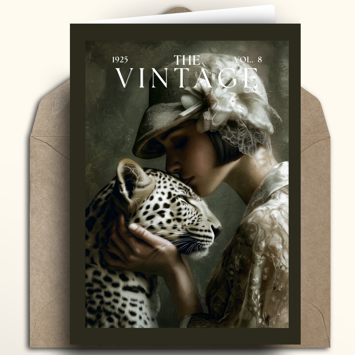 Vintage-themed product with a woman holding a leopard and 'The Vintage' branding.